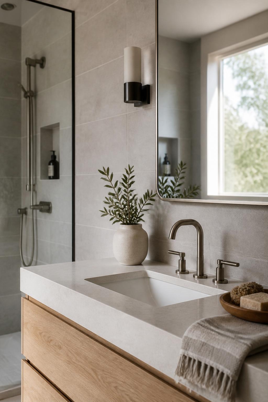 Inviting modern bathroom with sleek sink and finished tile
